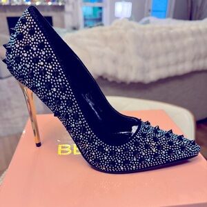 Black Studded Rhinestone Stiletto Heels w/ Gold Heel – Statement Pump